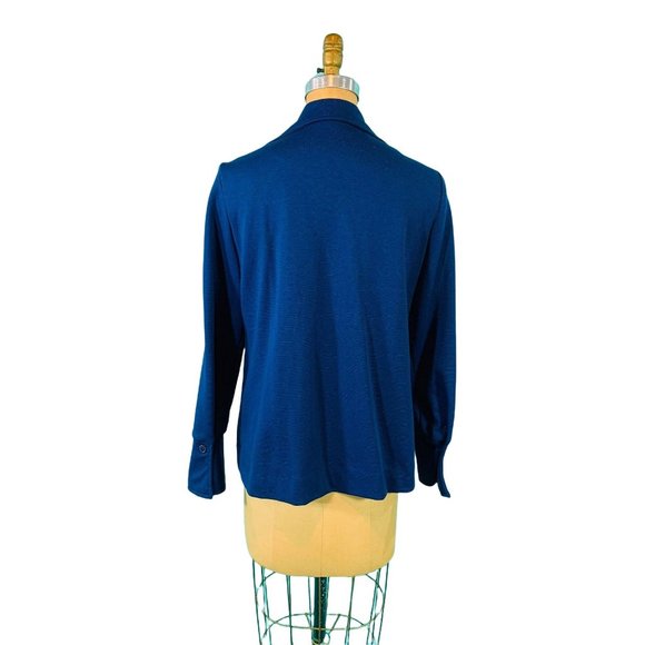 Vintage 70s Cobalt Blue Shirt Womens Large Bust Pockets Polyester Button Down To - Picture 9 of 10
